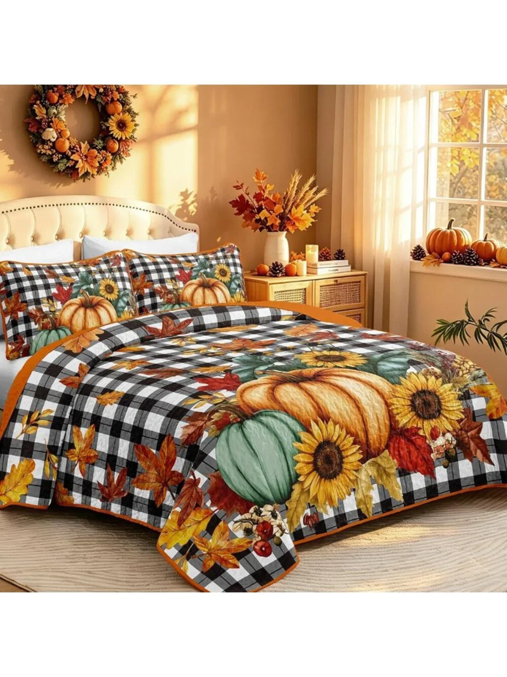 Cozy Fall Pumpkin Quilt Set Queen | Thanksgiving Bedspread for Autumn Decor